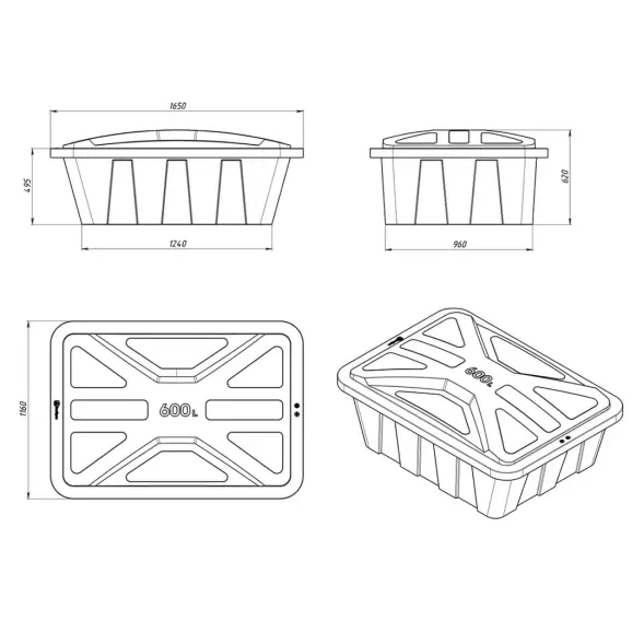 Ванна пластиковая пищевая с крышкой KN, 600 л, 1.2 г/см³, HDPE, синий [121207.0600.601.000]