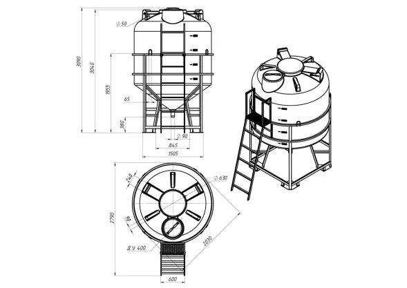 Емкость ЦКТ 5000 л с патрубком 90мм с фланцем под плотность до 1,5 г/см3 белая в обрешетке с лестницей